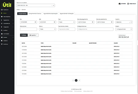 seção “comprovante” com botões e tela do PagÚtil exibindo comprovantes e filtros de pagamento