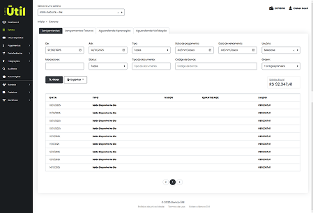 seção “pagamento” com botões e tela do PagÚtil mostrando lista e filtros de pagamentos