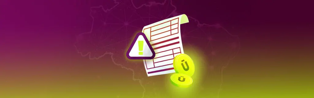 Boleto com símbolo de alerta e moedas, sobre um mapa estilizado do Brasil, representando onde pagar GNRE.