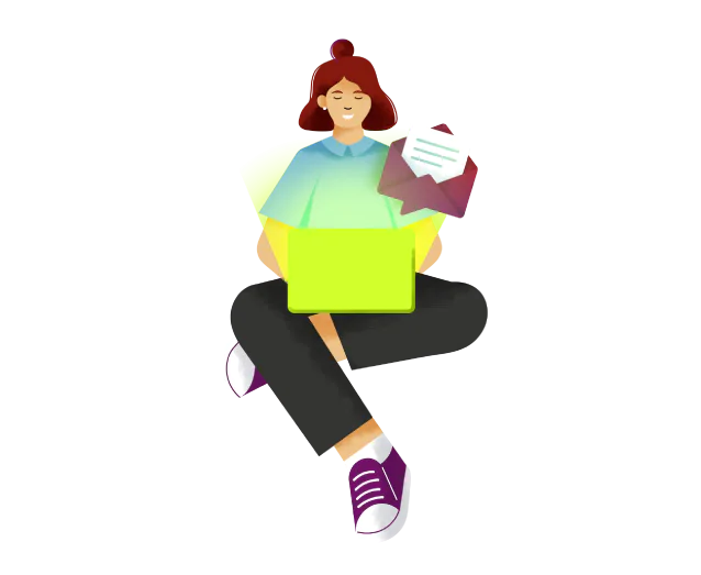 Ilustração de mulher sentada com notebook no colo e ícone de e-mail ao lado.