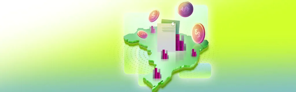 Ilustração digital de um mapa do Brasil com elementos gráficos representando economia e finanças, incluindo moedas, pilhas de dinheiro e um documento com cifrão, simbolizando o que é GNRE.