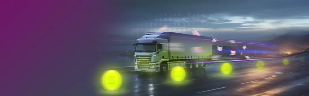 Caminhão em estrada à noite com elementos digitais e notas fiscais voando, representando a digitalização e automação da tributação no setor de transportes.