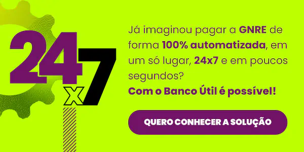 Banner promocional do Banco Útil destacando pagamento automatizado da GNRE 24x7, com botão de ação 'Quero conhecer a solução'.
