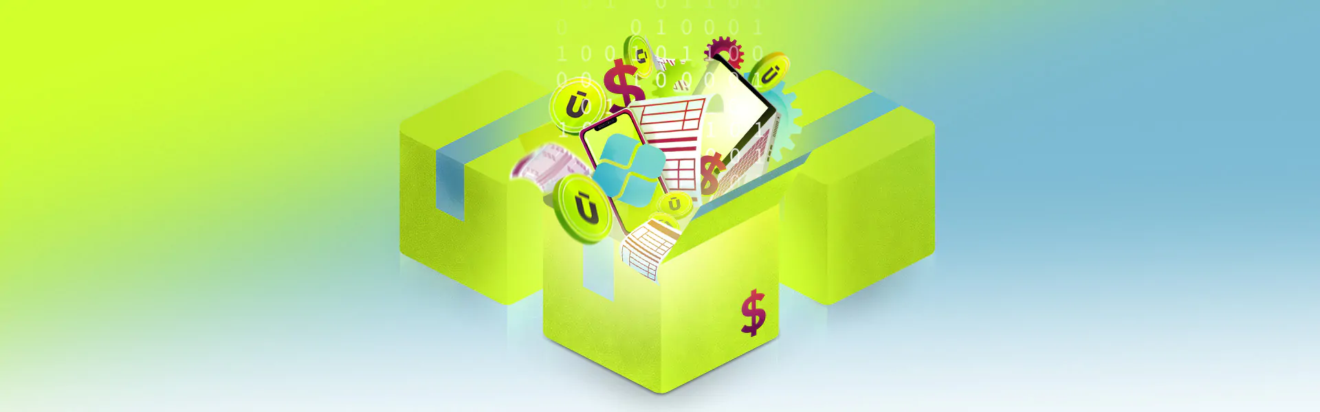 Ilustração de caixas abertas com ícones de dinheiro, documentos e engrenagens, representando automação de pagamentos em lote.