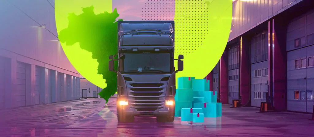 Imagem de um caminhão em um centro logístico, com elementos gráficos sobrepostos, incluindo um mapa do Brasil em verde e um círculo amarelo ao fundo.