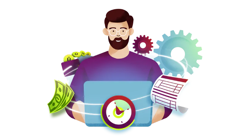 Ilustração de homem com notebook, engrenagens, boleto, dinheiro e ícones de automação ao fundo, representando serviços financeiros digitais.