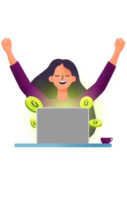 Ilustração de mulher feliz com os braços erguidos em frente a um notebook, cercada por moedas.