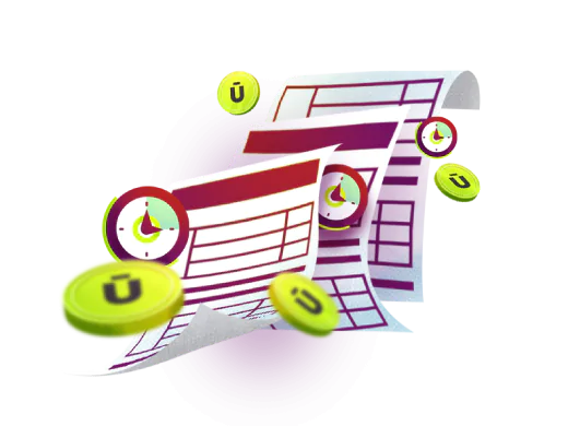 Ilustração de boletos com ícones de relógio e moedas ao redor.