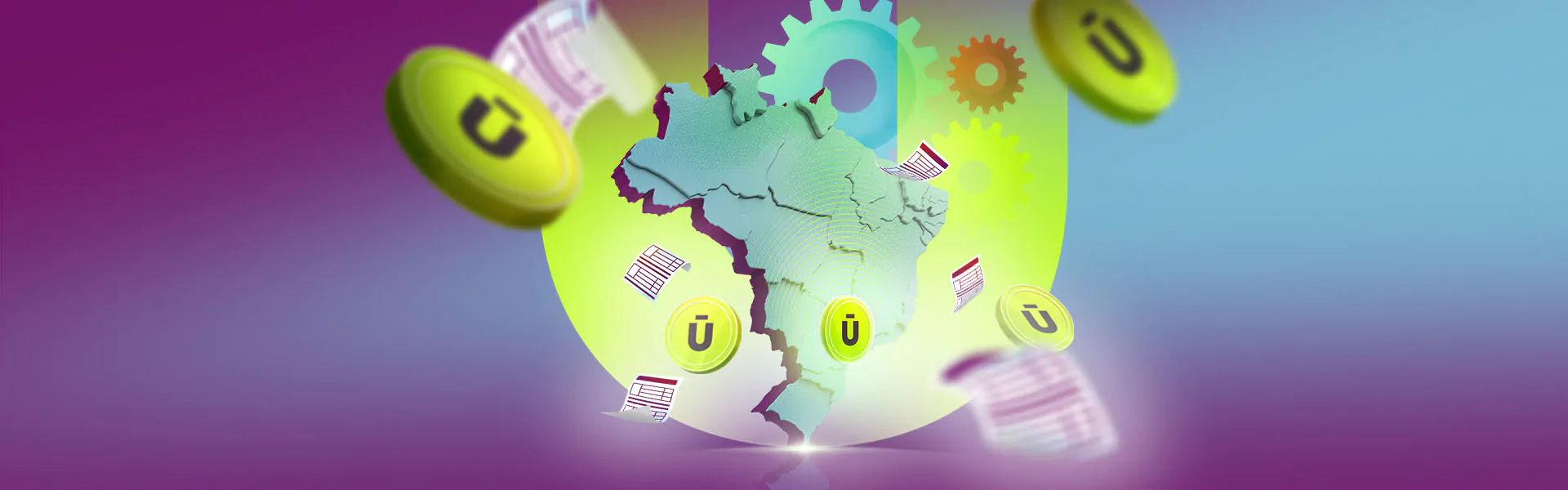 Ilustração digital com mapa do Brasil, engrenagens e moedas com o símbolo 'Ü', representando automação e eficiência nos processos financeiros.