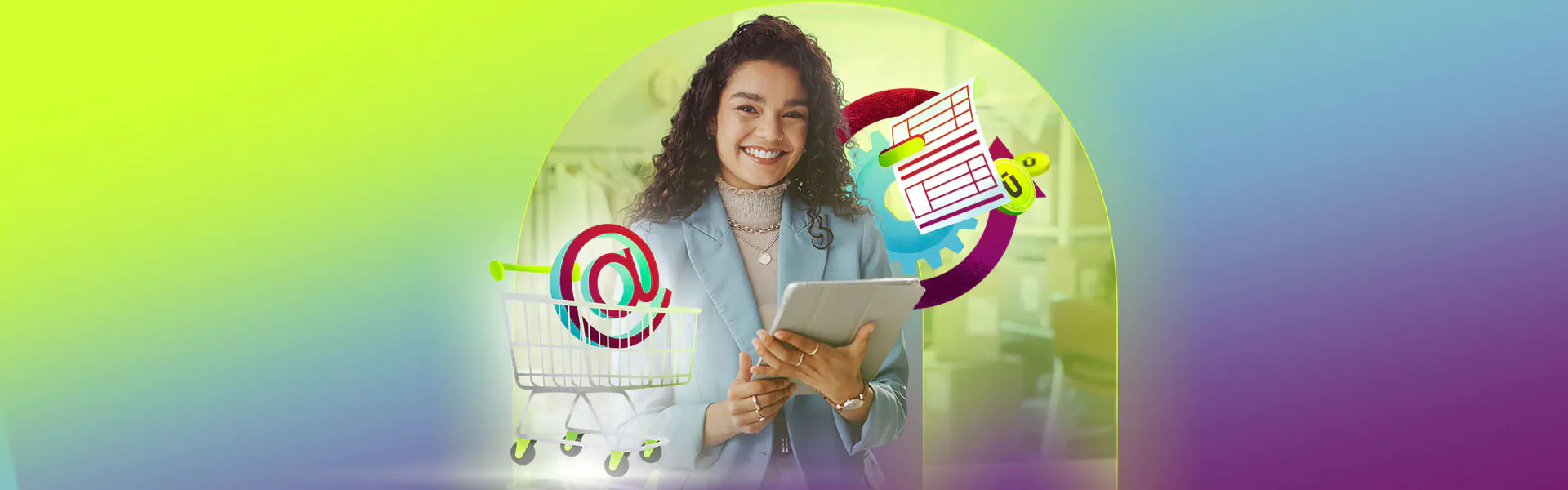 Mulher usando tablet, com ícones de carrinho de compras e nota fiscal, representando tributação para e-commerce.