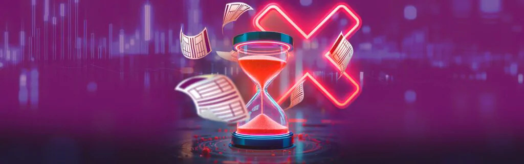 Relógio de areia cercado por boletos e um X vermelho ao fundo, representando o atraso no pagamento de tributos.