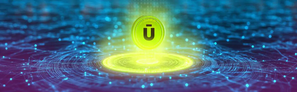 Moeda digital flutuando sobre uma rede tecnológica com luzes azuis, representando a automatização de processos financeiros.