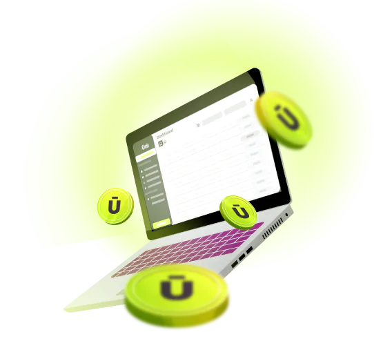 Notebook com dashboard aberto e moedas com o símbolo do Banco Útil ao redor.