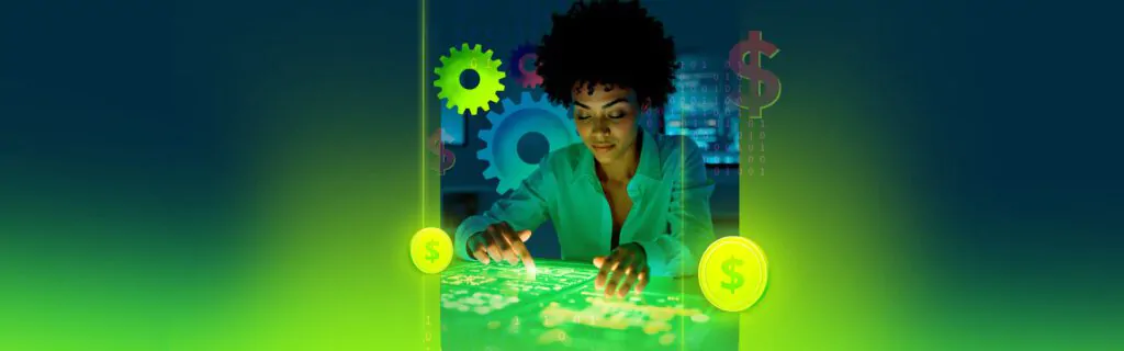 Mulher interagindo com uma mesa digital iluminada em verde, cercada por símbolos de engrenagens, cifrões e códigos binários.