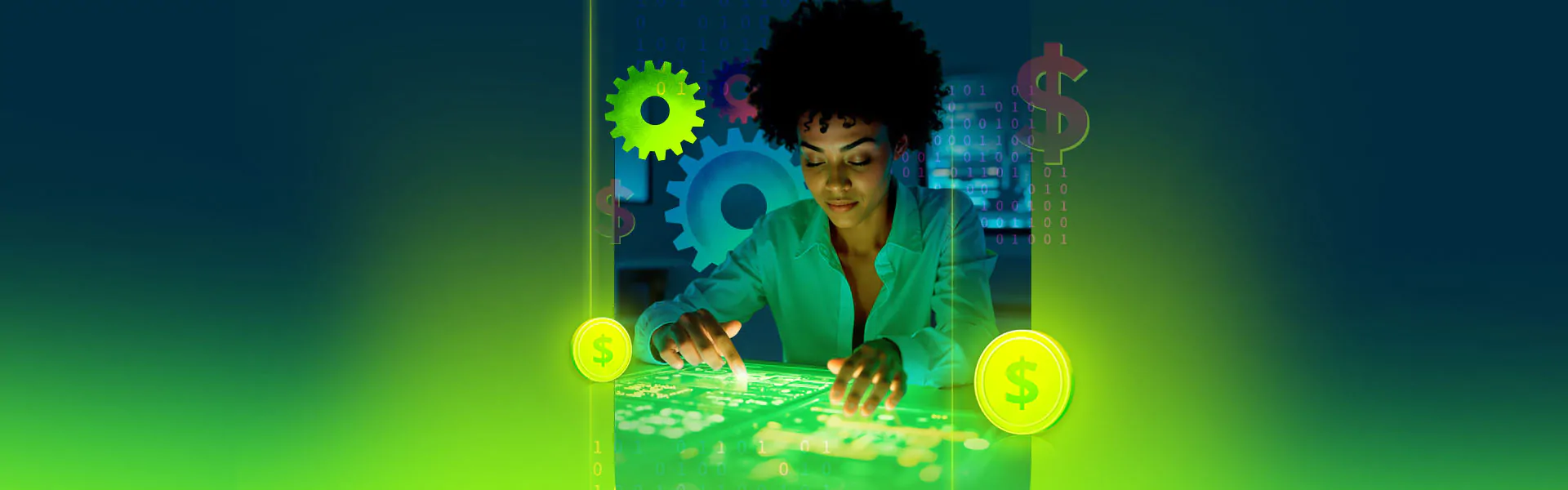 Mulher interagindo com uma mesa digital iluminada em verde, cercada por símbolos de engrenagens, cifrões e códigos binários.