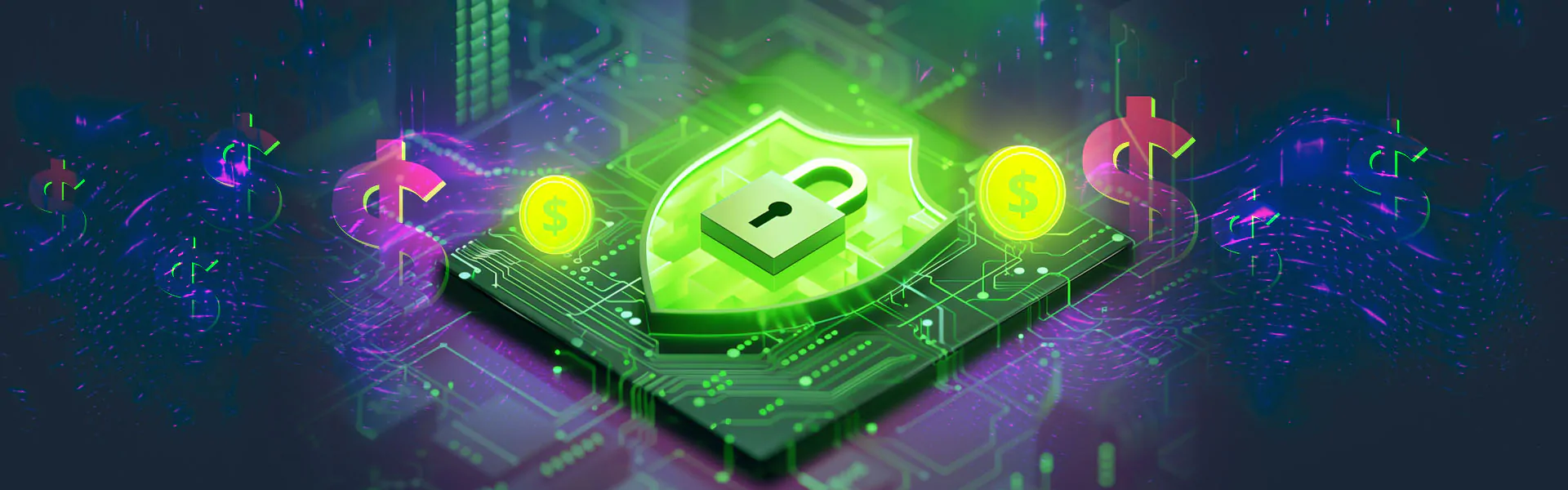 Ilustração de cadeado verde e elementos tecnológicos, representando o pagamento seguro digital.