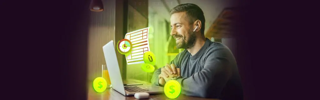 Homem usando computador para emitir DUA online, com ícones digitais representando dinheiro, impostos e documentos.