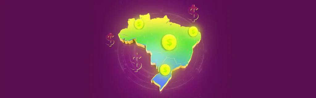 Ilustração do mapa do Brasil com moedas e símbolos de cifrão, representando a substituição tributária nos estados.