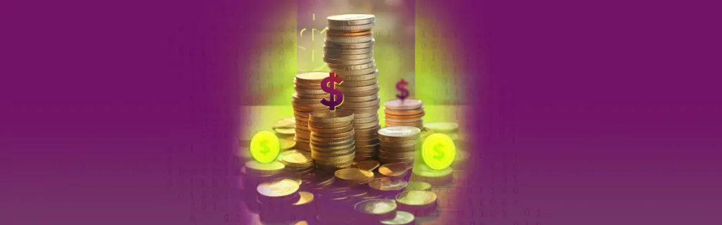 Pilhas de moedas com símbolos de cifrão sobre fundo digital e degradê roxo, representando arrecadação de tributos estaduais.