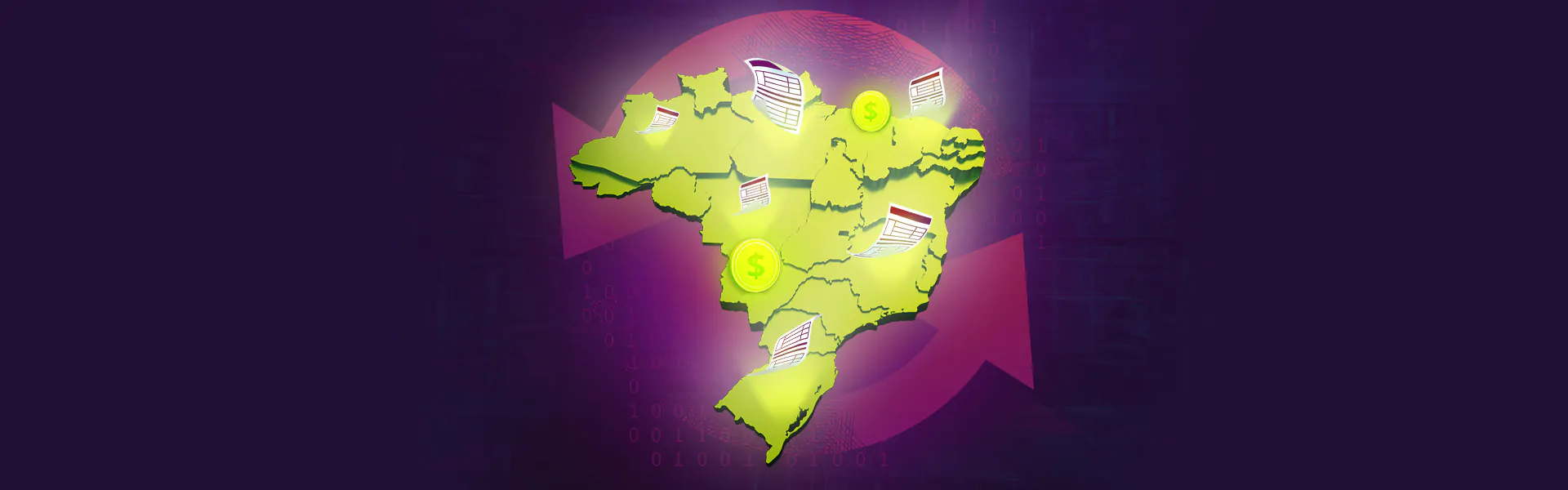 Mapa do Brasil com notas fiscais e moedas, representando a alíquota interestadual nas operações entre estados.