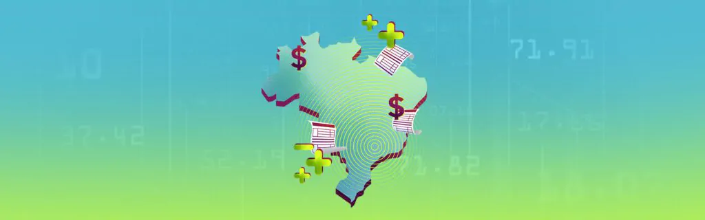 Mapa do Brasil com ícones de notas fiscais, cifrões e sinais de adição, representando o cálculo da GNRE.
