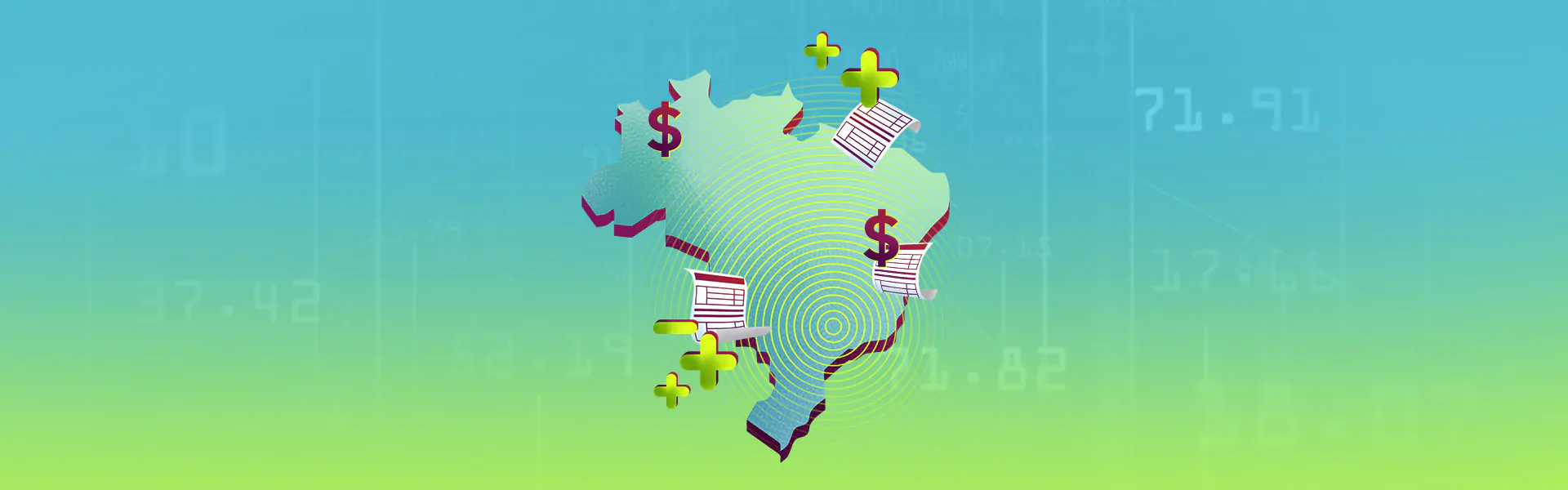 Mapa do Brasil com ícones de notas fiscais, cifrões e sinais de adição, representando o cálculo da GNRE.