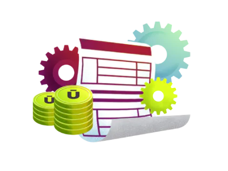 Ilustração de boleto com engrenagens e moedas, representando automação de pagamentos.