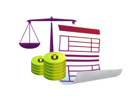 Ilustração de boleto com balança da justiça e moedas, representando pagamento de guias judiciais.