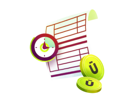 Ilustração de boleto com relógio e moedas, simbolizando pagamento rápido.